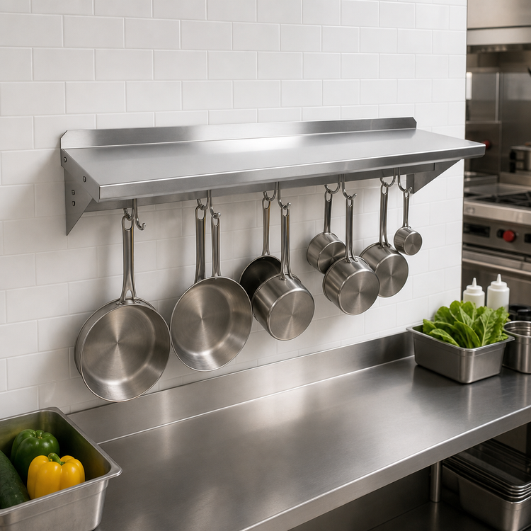 Product image #3 for John Boos Stallion Wall-Mount Stainless Steel Pot Rack Shelf with 9 Hooks