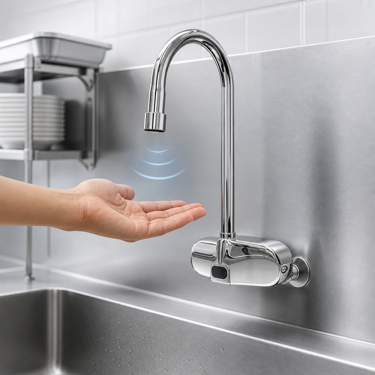 Product image #3 for ChekPoint Wall-Mount Touchless Electronic Faucet with Rigid Gooseneck Spout, 4-Inch Centers, 0.5 GPM, and Thermostatic Mixing Valve
