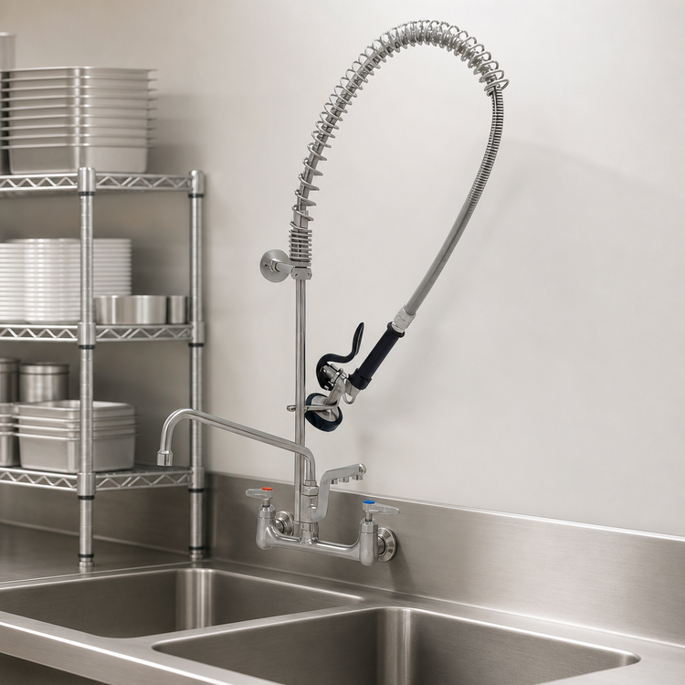 Product image #3 for EverSteel 8-Inch Wall-Mount Pre-Rinse Mixing Faucet with 12-Inch Swing Nozzle, Add-On Faucet, and 44-Inch Hose