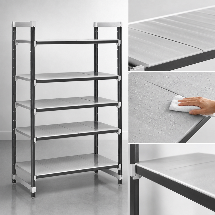 Product image #3 for Cambro Camshelving Elements XTRA 5-Tier Solid Stationary Starter Unit, 18" Deep x 48" Wide x 84" High, Speckled Gray