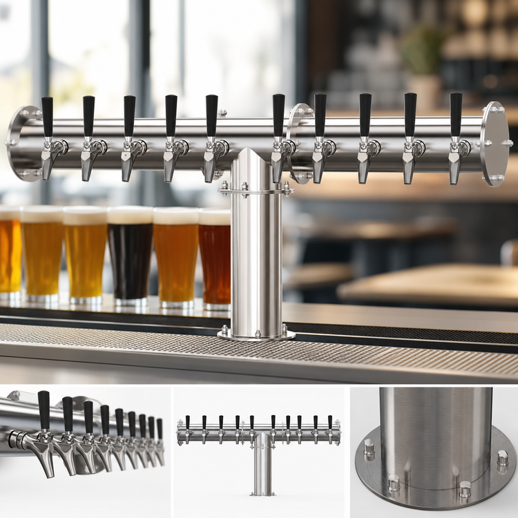 Product image #3 for Krowne 10-Faucet Glycol-Cooled Pipe T-Head Beer Tower, Brushed Stainless Steel