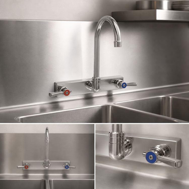 Product image #3 for BK Resources Evolution 8-Inch Centers Splash-Mount Stainless Steel Faucet with 5-Inch Gooseneck Spout