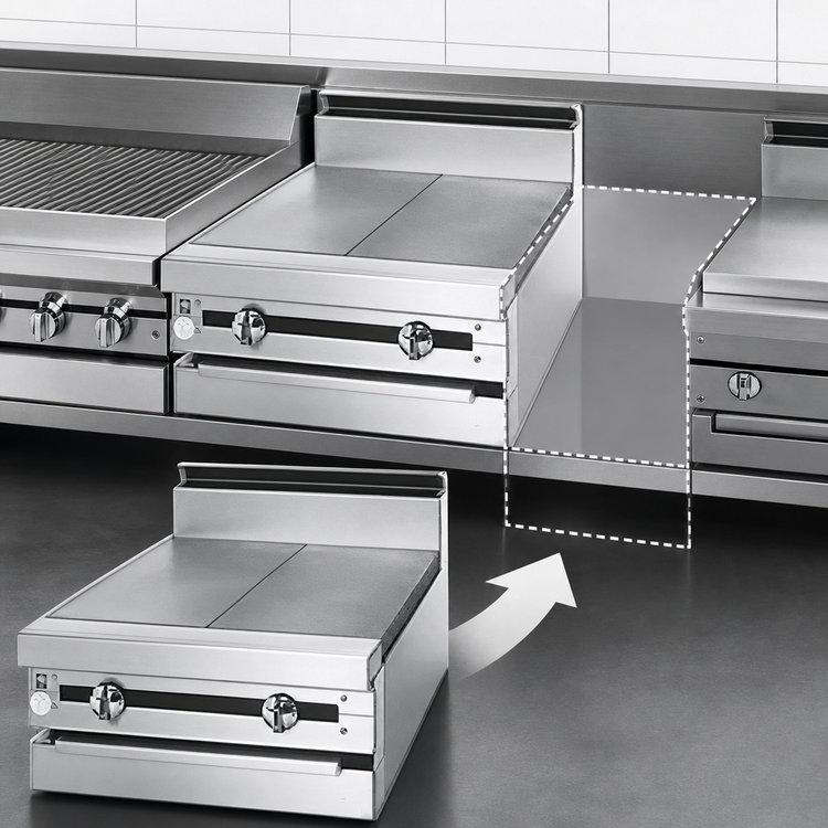 Product image #3 for Titan Heavy Duty 12-Inch Modular Gas Hot Top Range with Stainless Steel 6-Inch Plate Shelf