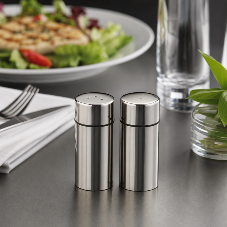 Product image #3 for American Metalcraft 1-1/2 oz Round Stainless Steel Salt and Pepper Shaker Set, 3-1/2 in. H