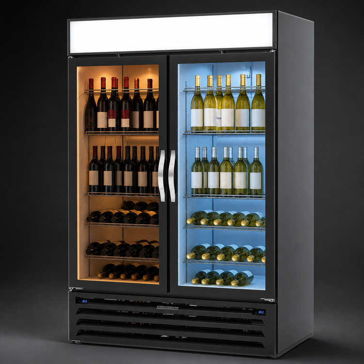 Product image #3 for Beverage-Air MarketMax Dual-Temp Reach-In Wine Merchandiser, 2-Section, 52 Inch, Self-Contained Bottom Mount, Black Exterior