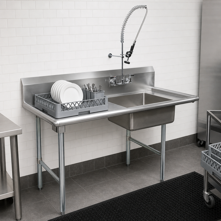 Product image #3 for BK Resources 36-Inch Straight Left-to-Right Soiled Dish Table with 20 x 20 x 8 Inch Pre-Rinse Sink and 10-Inch Backsplash