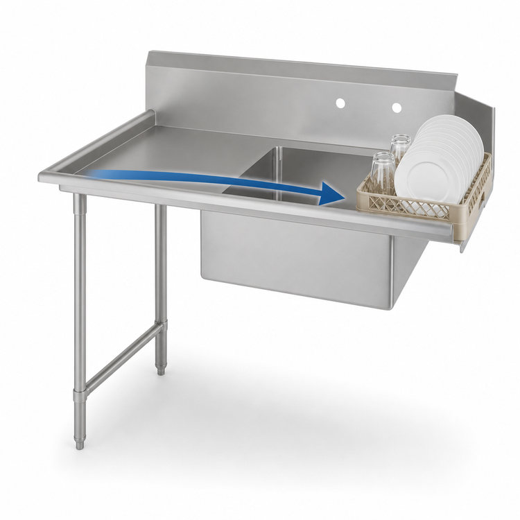 Product image #3 for John Boos Soiled Straight Dish Table with 20 x 20 x 8 Inch Pre-Rinse Sink, Left-to-Right Operation, 36 x 30 x 44 Inch