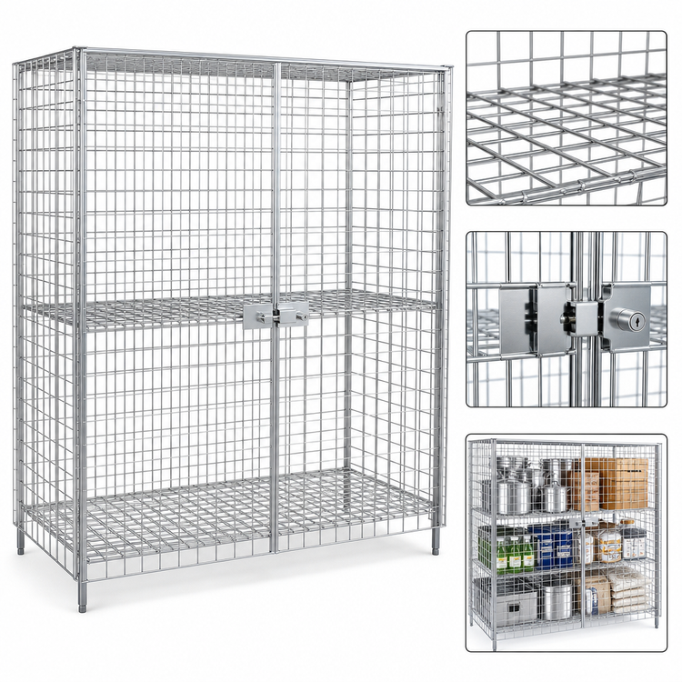 Product image #3 for Serv-Ware 48-Inch Chrome Wire Security Cage Shelving Unit with Lockable Double Doors