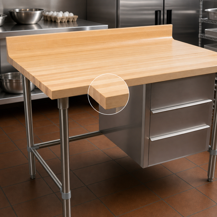 Product image #3 for John Boos 48-Inch x 30-Inch Bakers' Table with 1-3/4-Inch Maple Top, 4-Inch Coved Riser, and 3-Drawer Stainless Steel Base