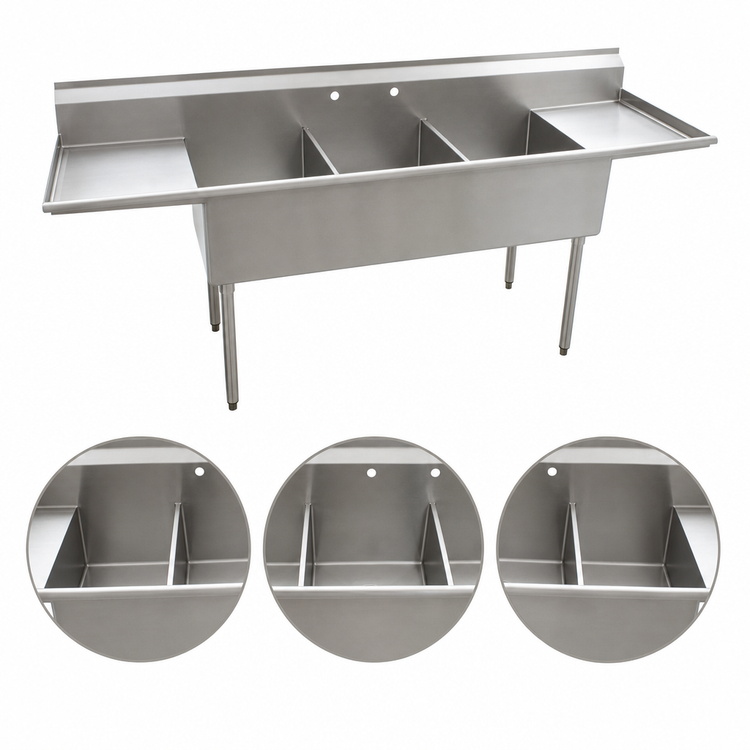 Product image #3 for Eagle Group Floor Model Three-Compartment Utility Sink with Left and Right Drainboards, 84-1/4 in. W x 25 in. D, 16-Gauge 430 Stainless Steel