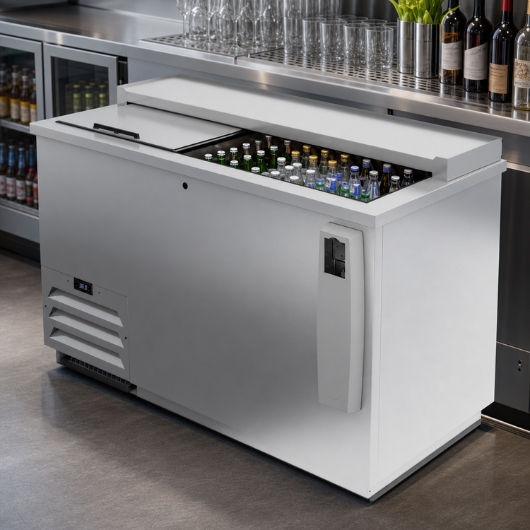 Product image #3 for Beverage-Air 50-Inch Flat Top Stainless Steel Bottle Cooler with Sliding Lids, 13.7 Cu. Ft.