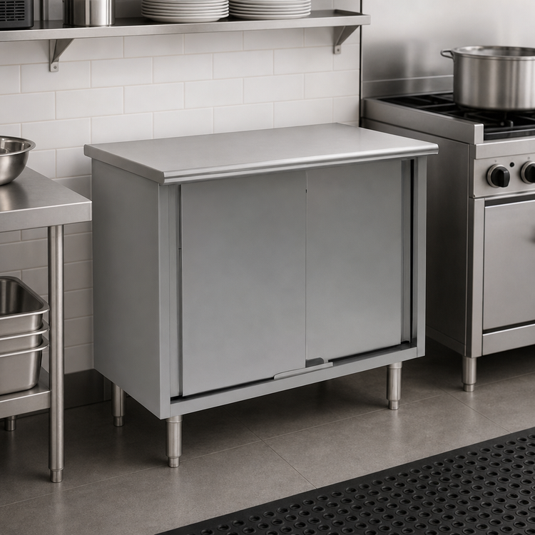 Product image #3 for Eagle Spec-Master Flat Top Enclosed Base Work Table with Sliding Doors, 36 x 30 Inches, 14-Gauge 304 Stainless Steel Top