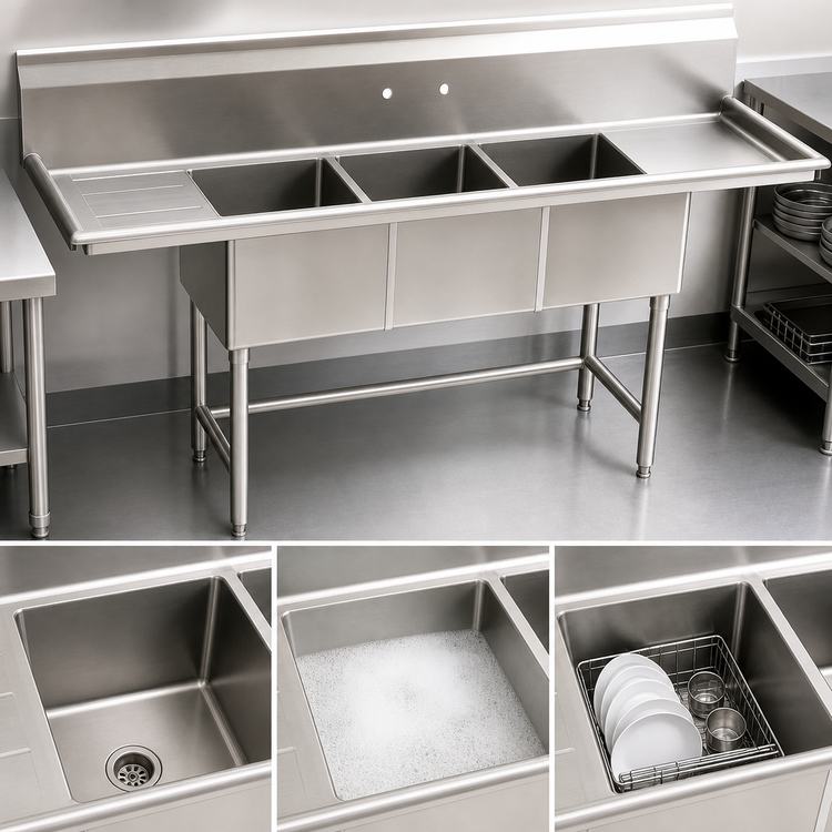 Product image #3 for BlendPort BPFC Series Freestanding 3-Compartment Sink with Left Drainboard, 15 x 15 Inch Bowls