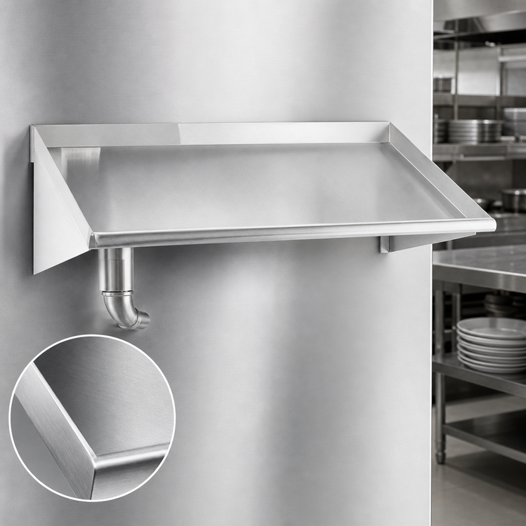 Product image #3 for Steel Works Stainless Wall-Mounted 304 Stainless Steel Slant Shelf with Outlet Pipe, 22-1/2 x 21 x 13 Inches