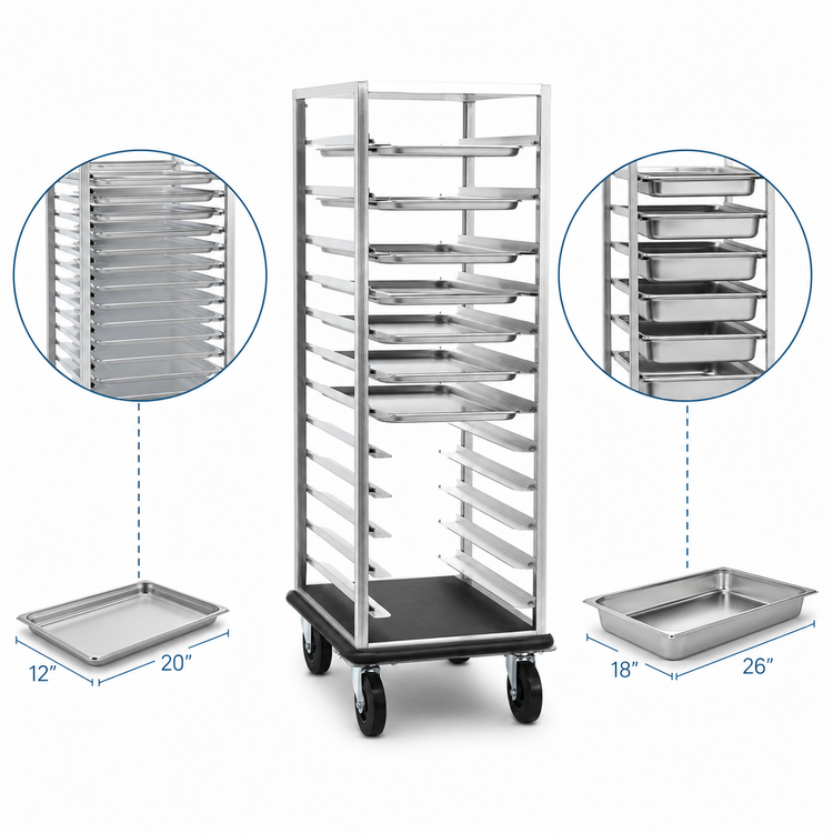 Product image #3 for Dinex Full-Height Mobile Aluminum Open-Sided Pan Rack with Universal Slides, Holds 22 12 x 20 or 11 18 x 26 Pans