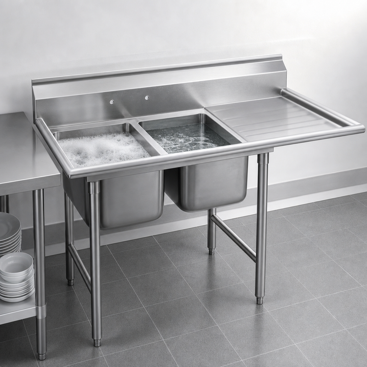 Product image #3 for Eagle Group 414 Series Two-Compartment Stainless Steel Sink with Right-Hand Drainboard, 60-3/4 Inch Wide