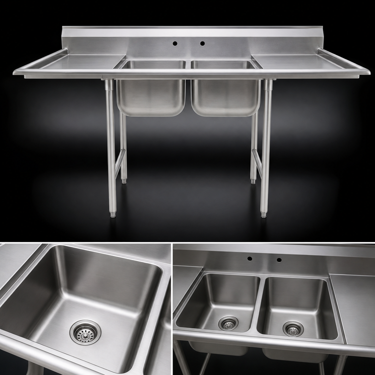 Product image #3 for Eagle Group 412 Series Two-Compartment Sink with Left and Right Drainboards, 72-1/4 Inch Wide