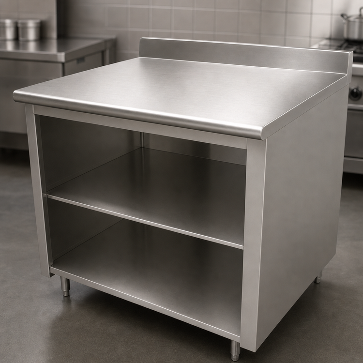 Product image #3 for Advance Tabco 120-Inch 304 Stainless Steel Work Table with Open Front Cabinet Base, Mid-Shelf, and 5-Inch Backsplash