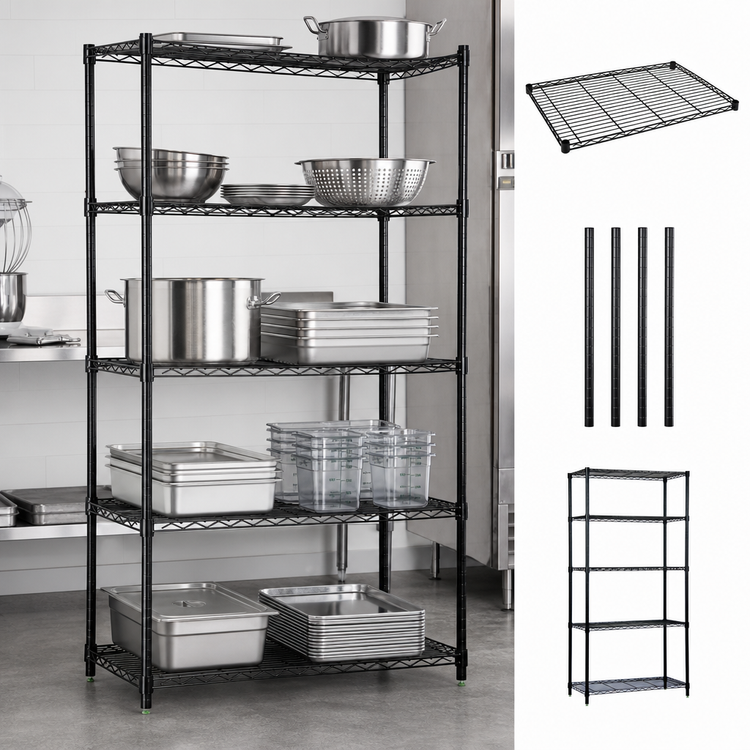Product image #3 for Quantum 36" x 36" x 54" 5-Shelf Wire Shelving Starter Kit, Stationary, Black Epoxy Antimicrobial Finish