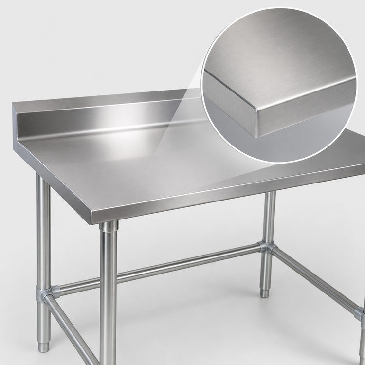 Product image #3 for John Boos Stallion 120-Inch x 24-Inch 16-Gauge 300 Series Stainless Steel Work Table with 5-Inch Backsplash and Galvanized Base