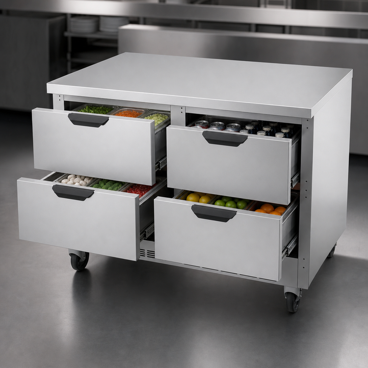 Product image #3 for Beverage Air 48-Inch Two-Section Flat Top Worktop Refrigerator with 4 Drawers, 11.82 Cu. Ft.