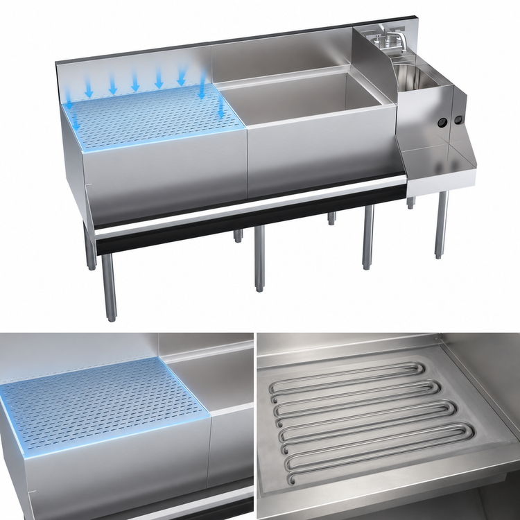 Product image #4 for Krowne Royal Series 60-Inch Underbar Ice Bin/Cocktail Station with 24-Inch Drainboard, 12-Inch Blender Station and 10-Circuit Cold Plate