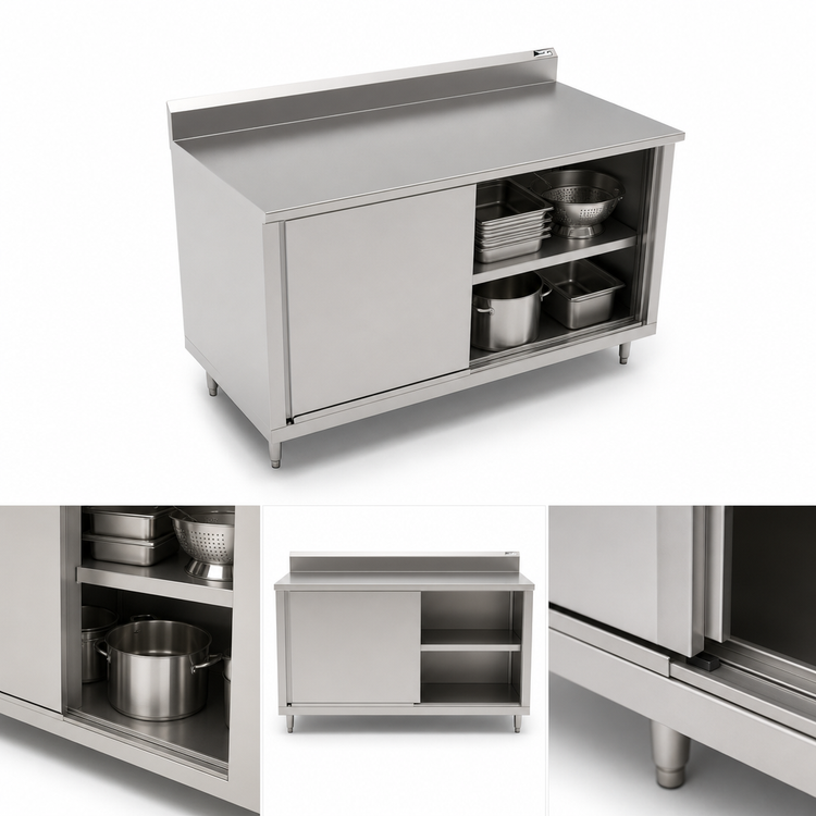 Product image #3 for John Boos 48"W x 36"D Stainless Steel Enclosed Work Table Cabinet Base with Sliding Doors and 5" Backsplash