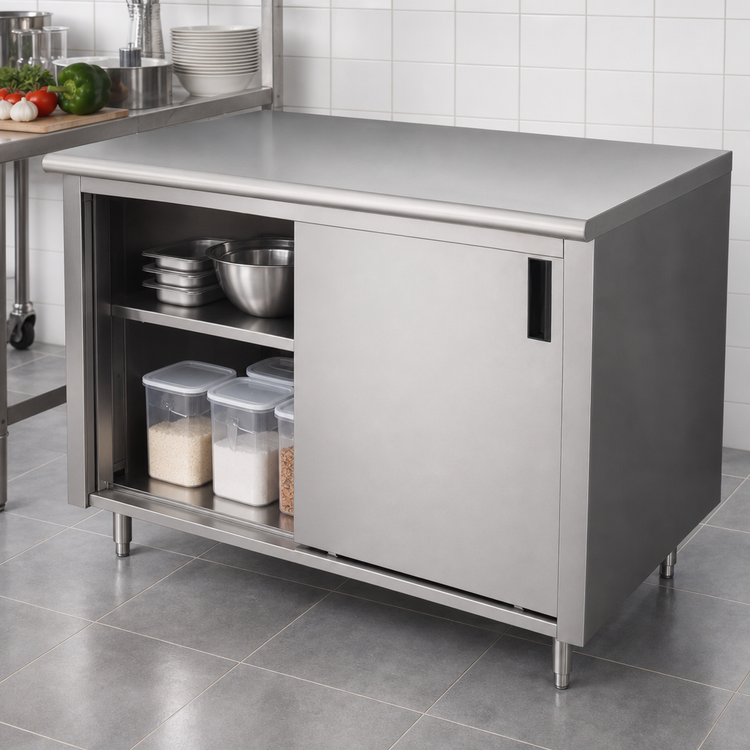 Product image #3 for Advance Tabco CB-SS-364 Enclosed Work Table with Sliding Door Cabinet Base, 48 x 36 Inch, 14 Gauge 304 Stainless Steel Top