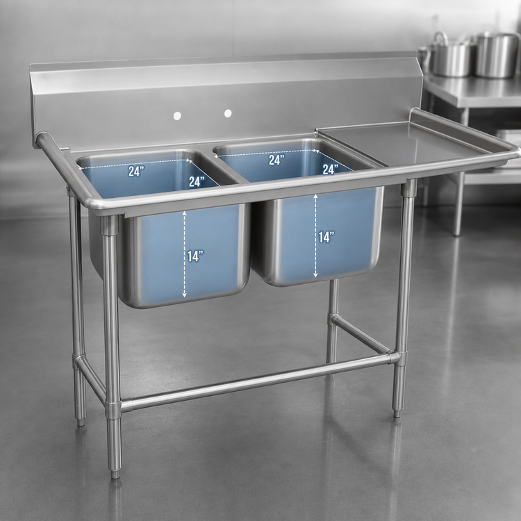 Product image #3 for Advance Tabco Regaline Commercial 2-Compartment Sink with Right-Hand Drainboard, 24" x 24" x 14" Bowls, 11" Backsplash, 14-Gauge 304 Stainless Steel