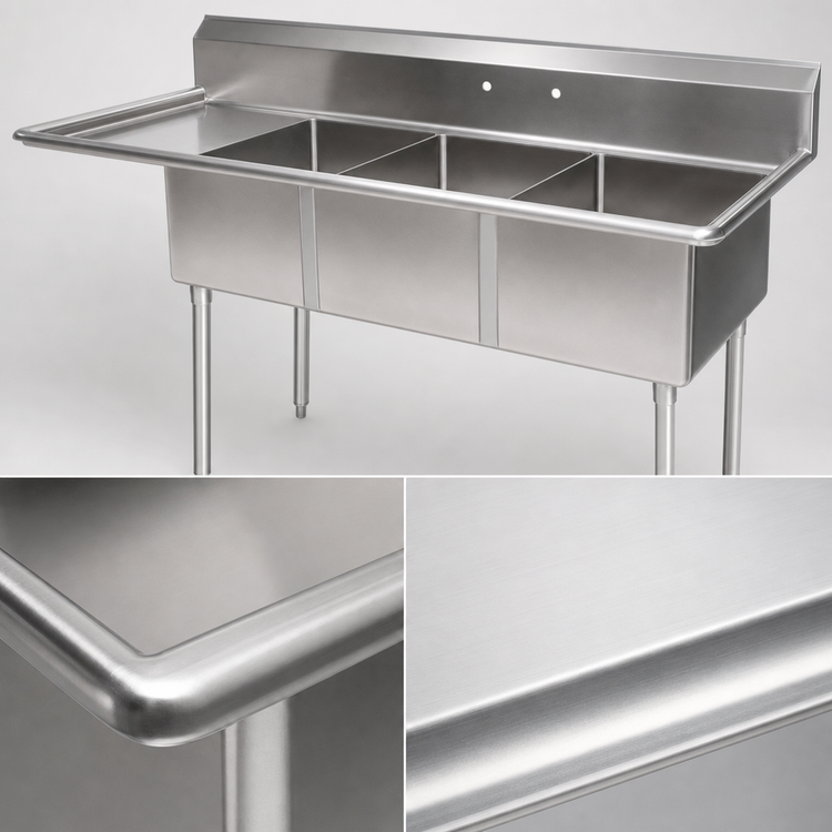 Product image #3 for John Boos E-Series 3-Compartment Stainless Steel Sink with Left Drainboard and Boxed Backsplash