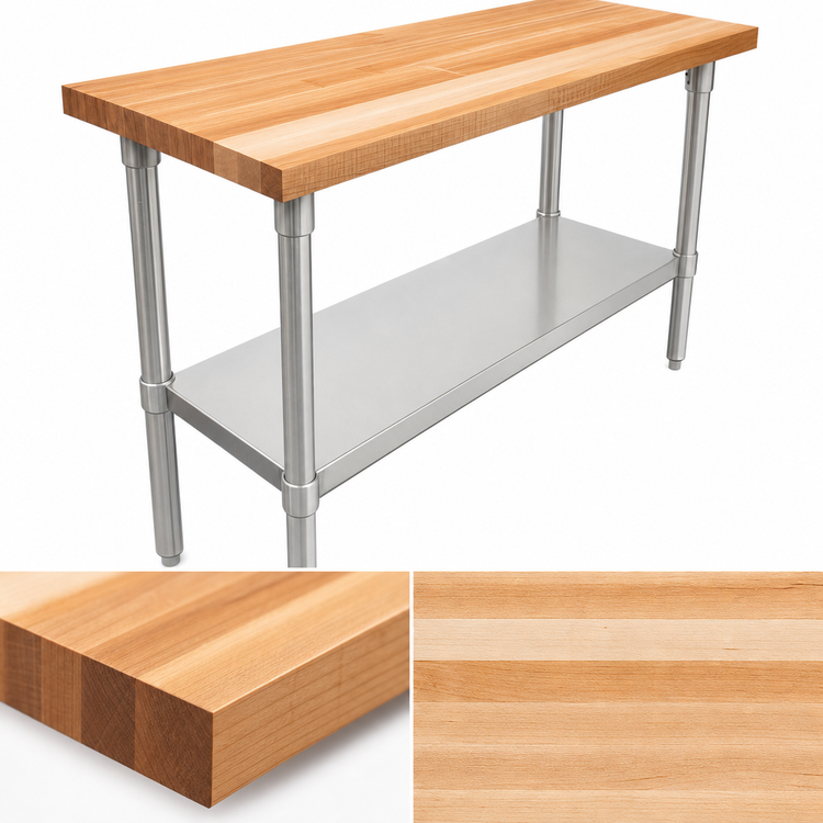 Product image #3 for John Boos 60" x 18" Wood Top Work Table with 1-3/4" Thick Northern Hard Rock Maple Top, Stainless Steel Legs and Adjustable Undershelf