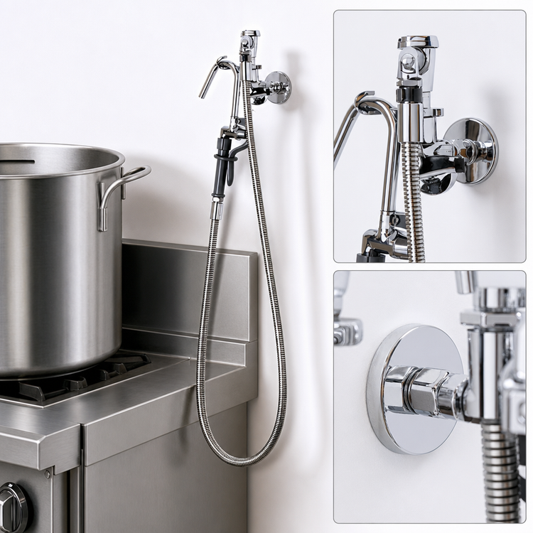 Product image #3 for T&S Brass Wall-Mount Single-Hole Pot & Kettle Filler Faucet with Self-Closing Hook and 68-Inch Hose