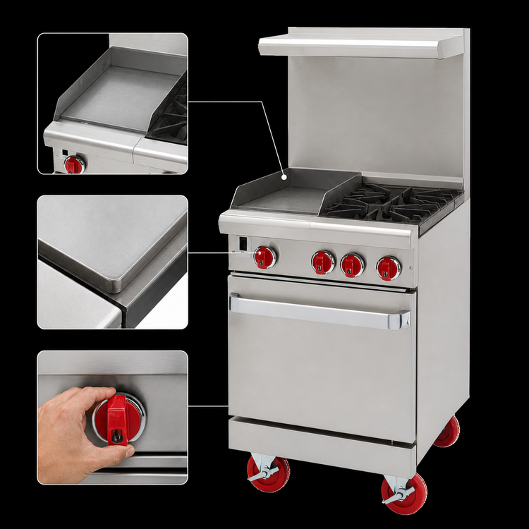 Product image #3 for 24-Inch Green Flame Gas Range with 12-Inch Left Griddle, 2 Open Burners, and Storage Base