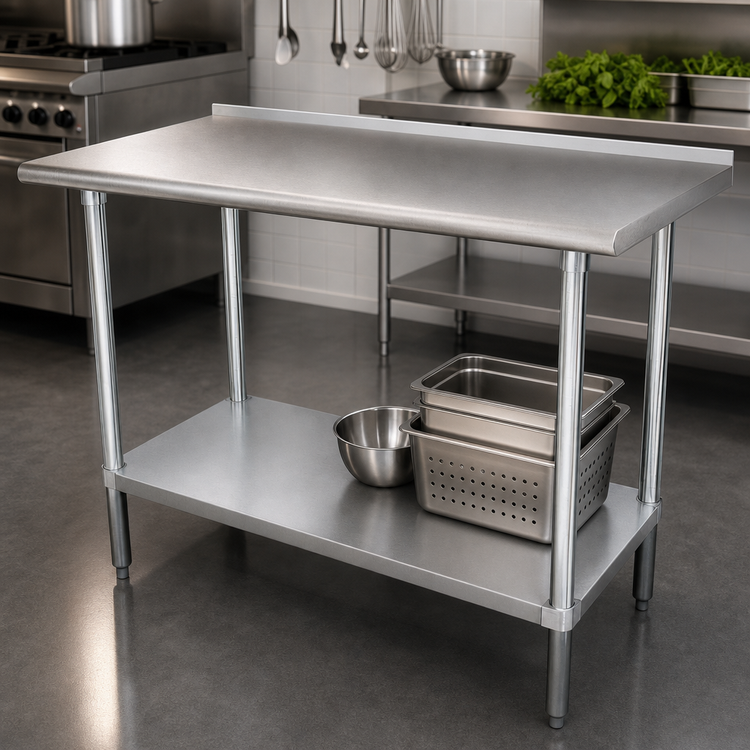 Product image #3 for Advance Tabco 108-Inch x 36-Inch 16-Gauge 430 Stainless Steel Work Table with 1-1/2-Inch Rear Up-Turn and Adjustable Undershelf