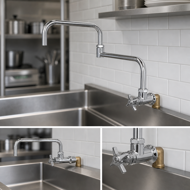 Product image #3 for T&S Brass Big-Flo Wall-Mount Faucet with 18 1/2-Inch Double Joint Nozzle and 4-Arm Handle
