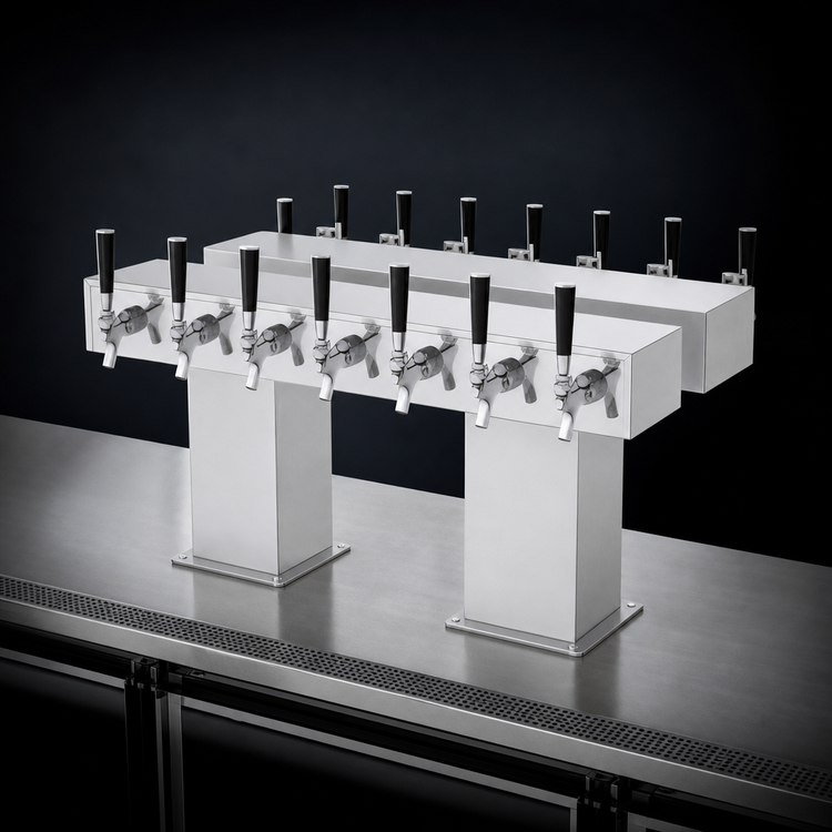 Product image #3 for Perlick Extra High Back-to-Back Bridge Tee Countertop Glycol-Cooled Draft Beer Tower, 24 Faucets, Stainless Steel