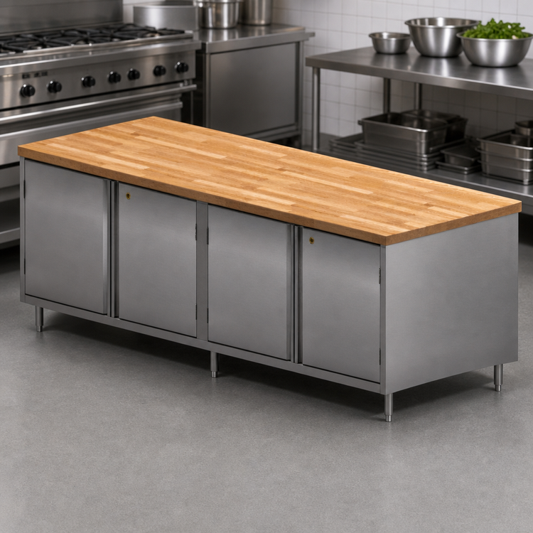 Product image #3 for 96-Inch Hard Maple Chef Table with Locking Hinged Doors and Stainless Steel Cabinet Base