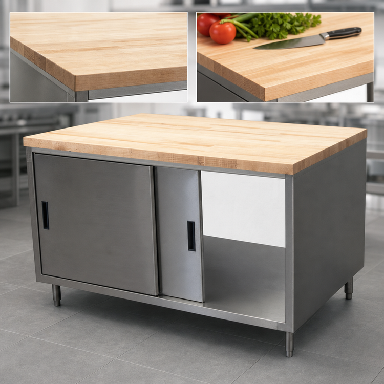 Product image #3 for BK Resources Dual Access Chef Table with Hard Maple Top and Stainless Steel Cabinet Base, 48 x 36 Inches