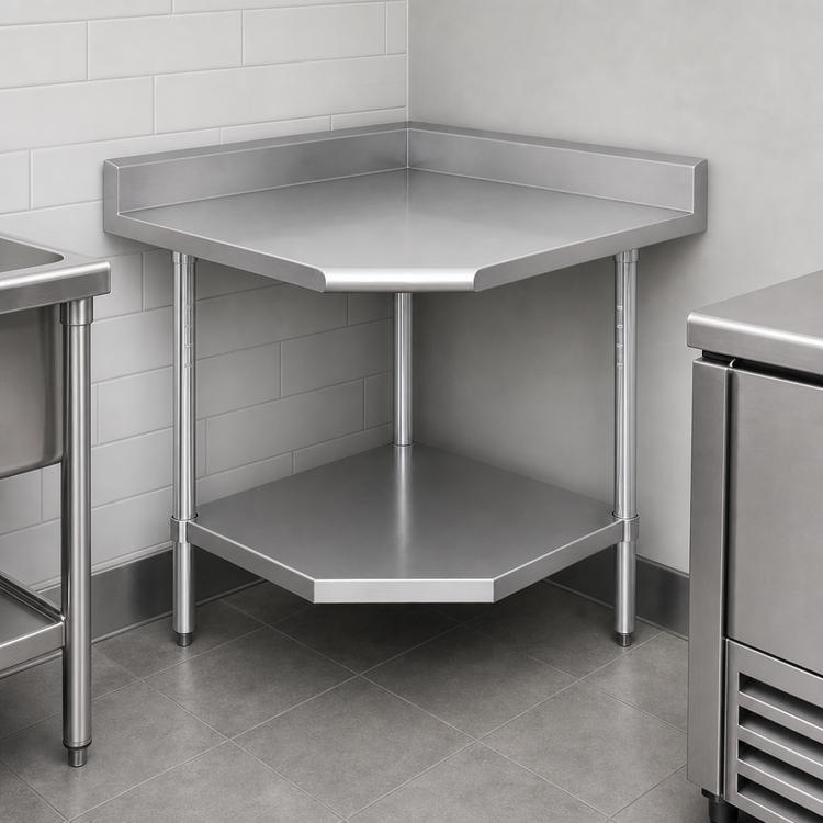 Product image #3 for Sapphire Manufacturing 30 Inch x 30 Inch 18 Gauge Stainless Steel Corner Work Table with 5 Inch Backsplash and Adjustable Undershelf