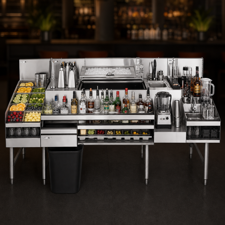 Product image #3 for Glastender 66 Inch All-In-One Underbar Ice Bin/Cocktail Station with Blender Shelf, Wet Waste Sink, Speed Rail, and Liquor Display