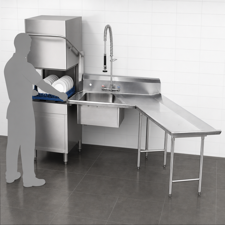 Product image #3 for Advance Tabco 107-Inch Right-Hand L-Shaped Dishlanding Soil Dishtable with Pre-Rinse Sink, 16/304 Stainless Steel