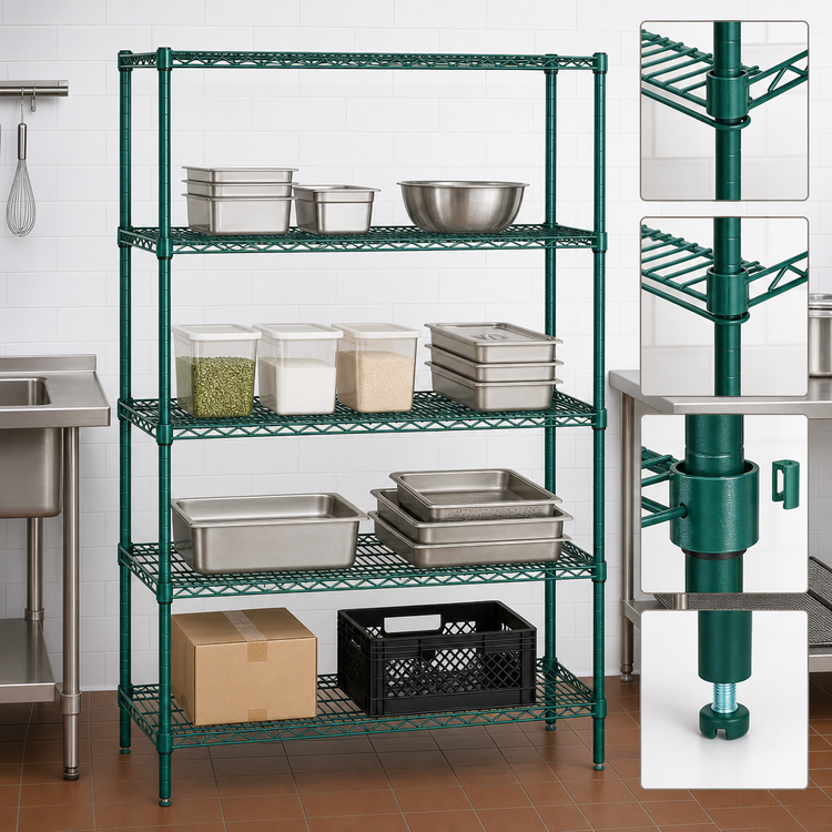 Product image #3 for Quantum 48" x 12" x 63" Wire Shelving Starter Kit with 5 Shelves, Stationary, Green Epoxy Finish