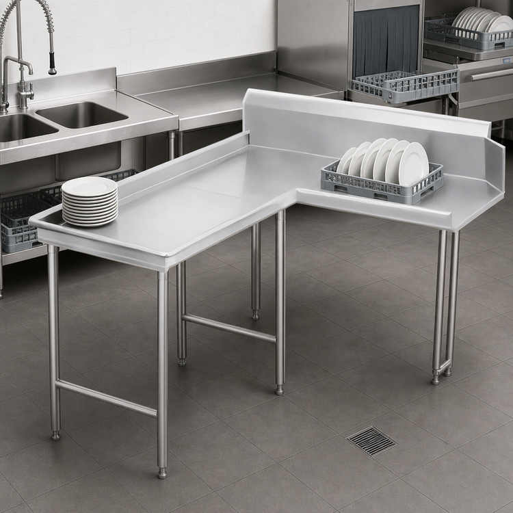 Product image #3 for Advance Tabco Island-Style L-Shaped Dish Table, 95 Inch, 304 Stainless Steel