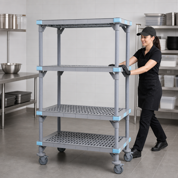 Product image #3 for Quantum Millenia Mobile Polymer Starter Shelving Unit with 4 Open Grid Shelves, 60 x 21 x 74 Inch, Gray