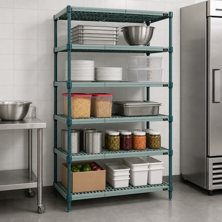 Product image #3 for Quantum 5-Tier Stationary Wire Plastic Mat Shelving Unit, 72W x 18D x 63H, Green Epoxy Coated