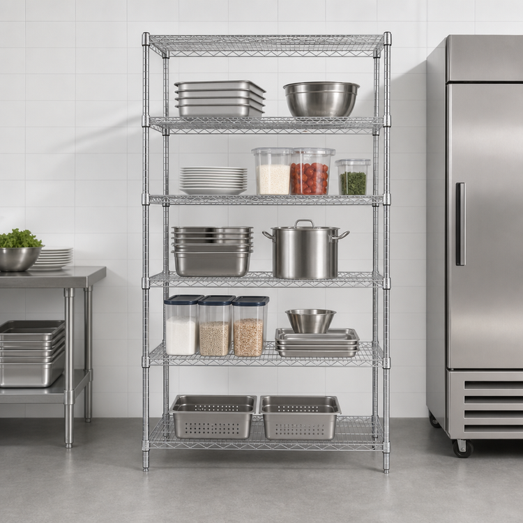 Product image #3 for Quantum Stationary Chrome-Plated Wire Shelving Starter Kit, 30-Inch Wide x 24-Inch Deep x 74-Inch High, 5 Shelves