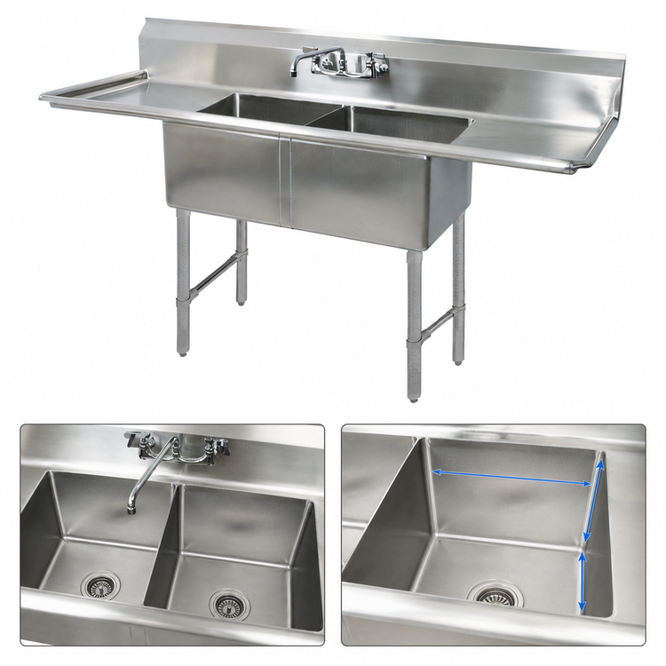 Product image #3 for BK Resources Two-Compartment Stainless Steel Sink with Left and Right Drainboards, 18 x 18 x 14-Inch Bowls