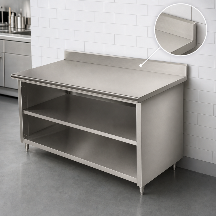 Product image #3 for Advance Tabco Special Value Open Base Stainless Steel Work Table with Mid-Shelf and 5-Inch Backsplash, 36 x 30 Inches
