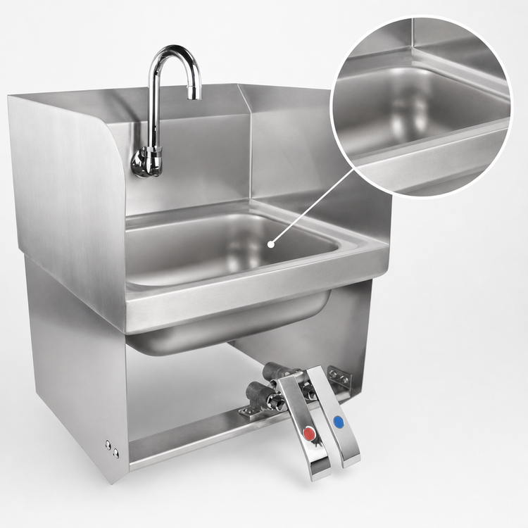 Product image #3 for John Boos Pro-Bowl Wall-Mount Stainless Steel Hand Wash Sink with Double Knee Valves, Side Splashes, and Gooseneck Spout
