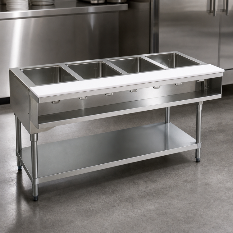Product image #3 for Advance Tabco Triumph (Supreme) 4-Well Natural Gas Water Bath Hot Food Table with Poly Cutting Board and Undershelf